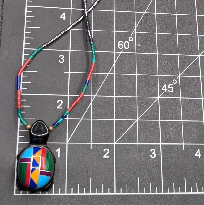 Multi Color Inlay Black Stone Carved Turtle Southwestern Beaded Necklace 25″