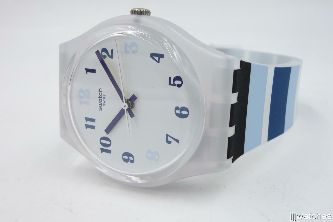 Swatch Swiss Originals NIGHT SKY Semi-Transparent Blue Stripes Watch 34mm GE275