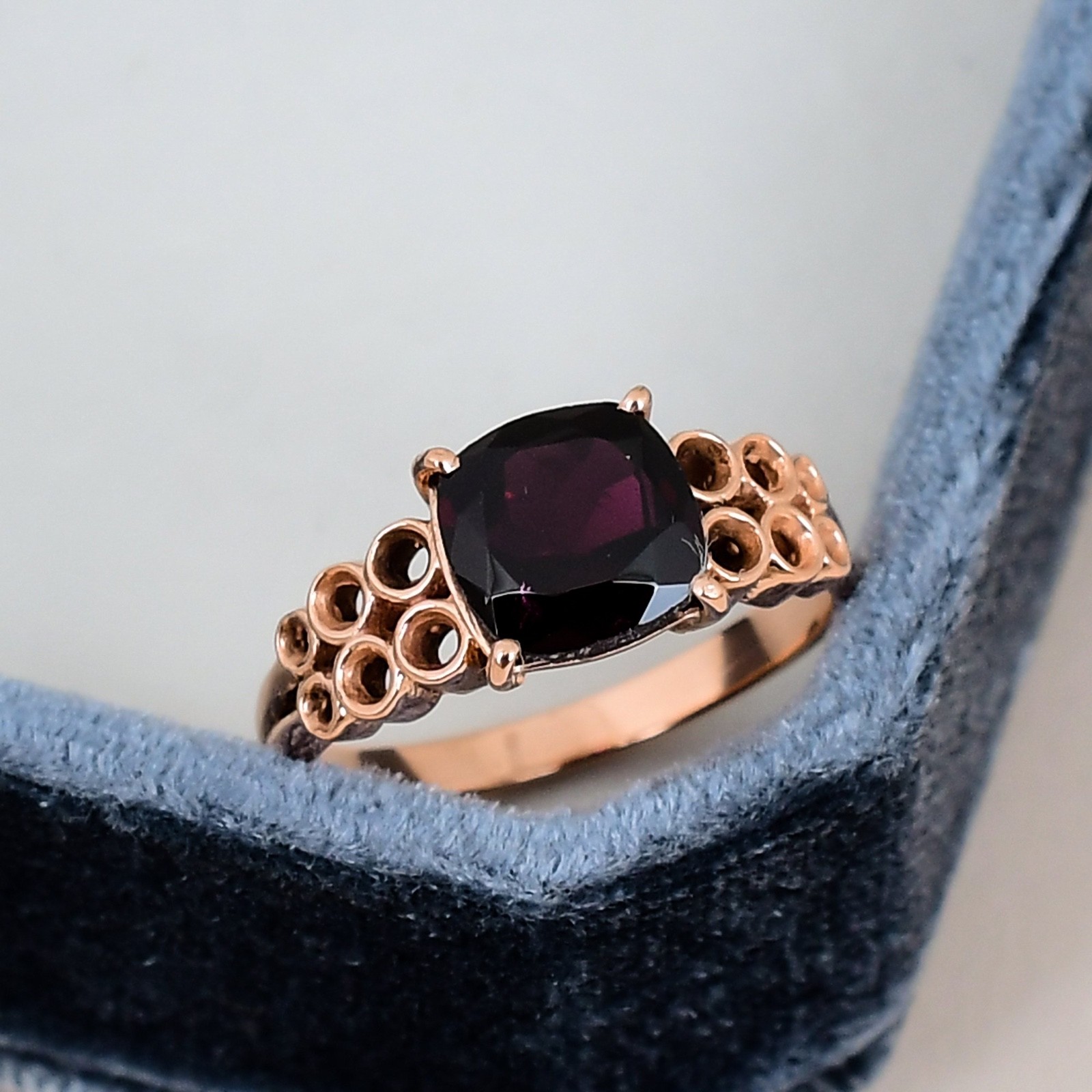18K Rose Gold Garnet Cushion Ring 8mm Solitaire January Birthstone Gift Her