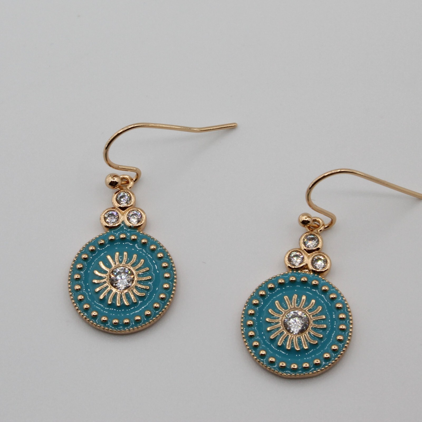 18ct Gold Plated Dangle Ligh Blue Round Hook Earrings With White CZ Non Allergic