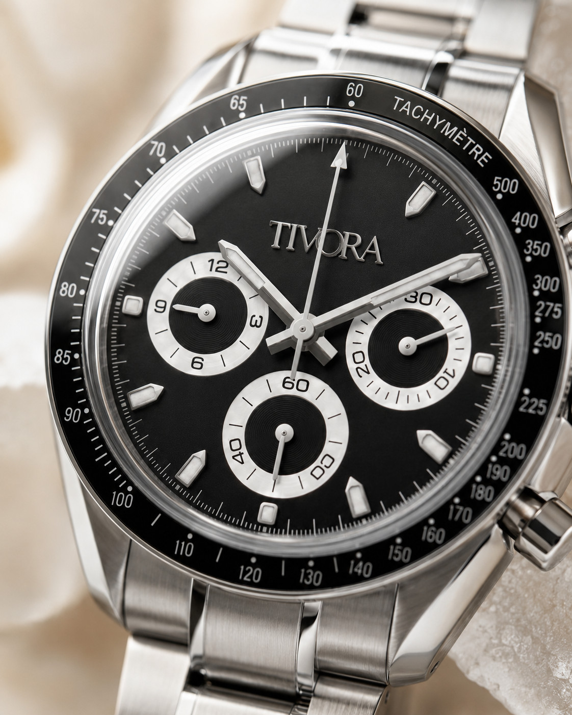 TÍVORÁ Veyron Argent Steel Onyx Dial – Custom Branded Automatic Chronograph Watc