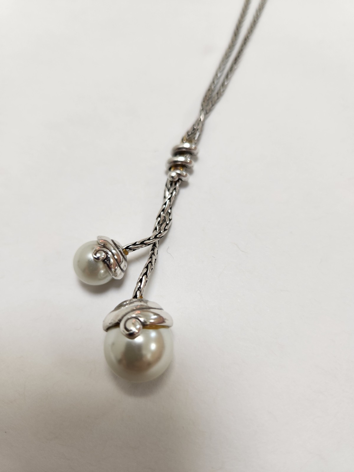 Brighton Silver Tone Faux Pearl Lariat Y Necklace Adjustable Signed