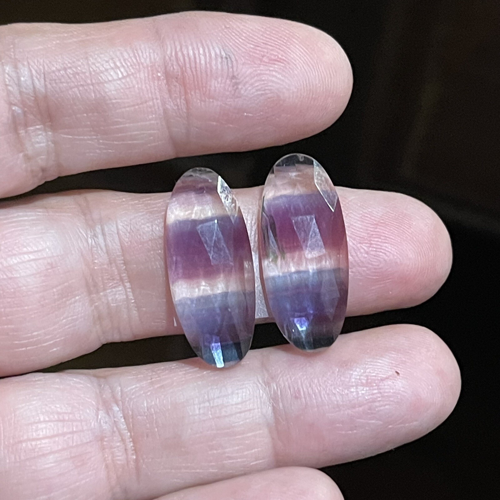 24.4ct 24.3×10.4×5.4mm Pair Teal Blue Purple Fluorite Rose Cut Oval Cabochons