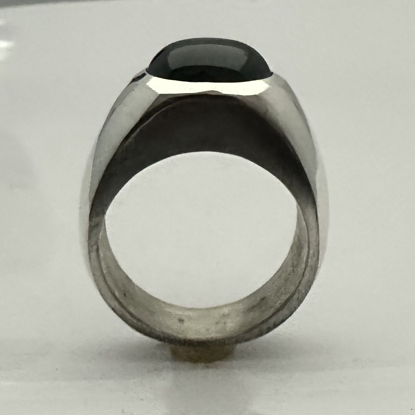 MJG STERLING SILVER Mans RING. 12 X 10mm NANOCRYSTAL EMERALD CAB. SZ 9 3/4