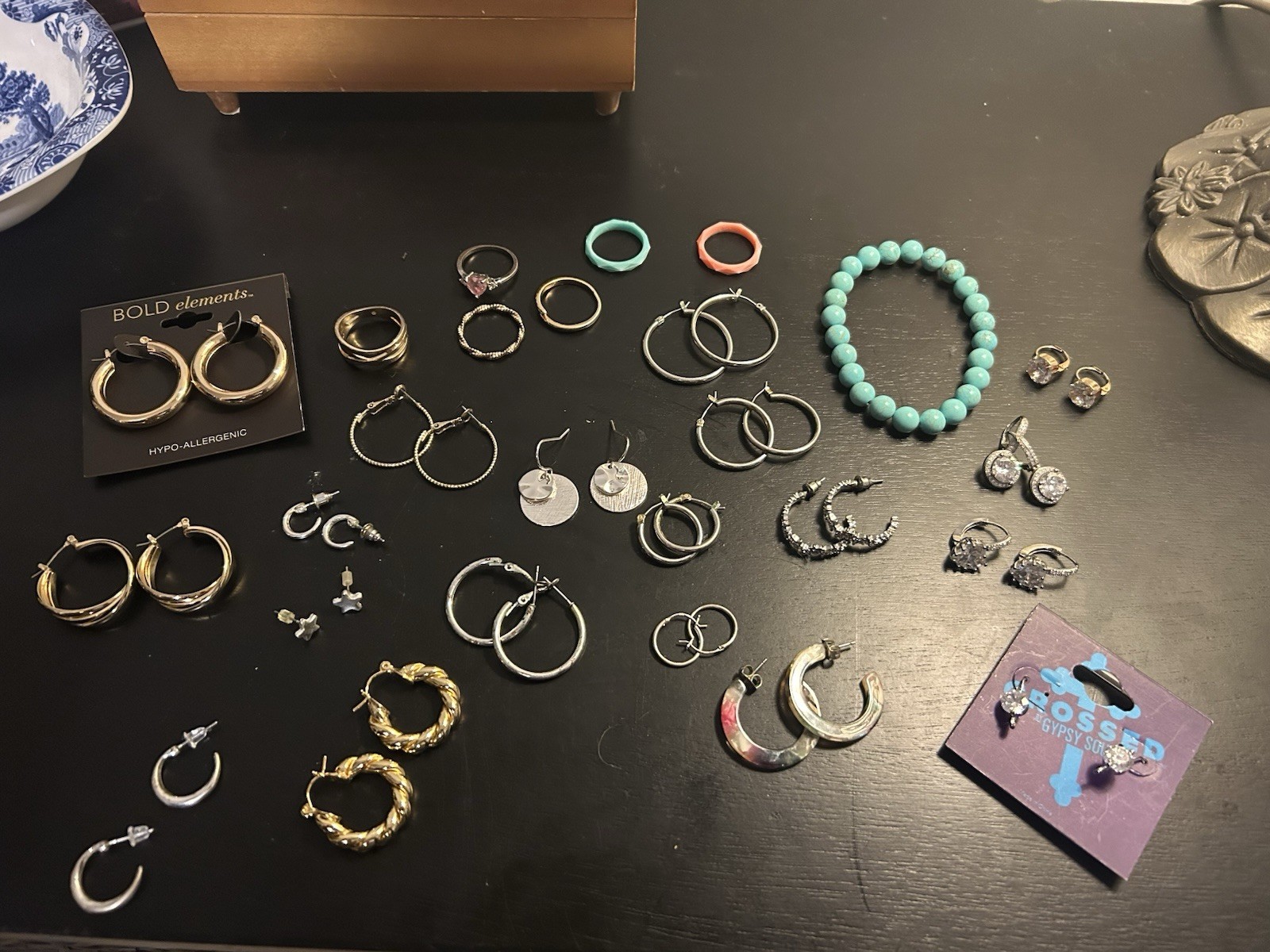 26pc Earrings Rings Bracelet Lot, Some Vtg, Some New, Gold & Silver
