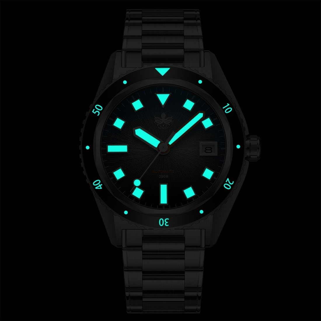 Phoibos Argo 200M Steel Automatic Sunray Date Ceramic Diver Men’s Watch