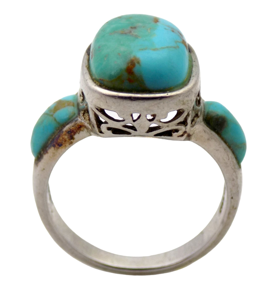 BBJ STERLING & 14.2 X 10.3MM NATURAL TURQUOISE 3 STONE SIZE:10 RING 7.1GR #3194