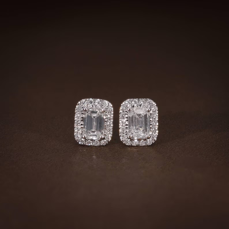 14k Gold With Emerald Cut Halo Lab Grown Diamond Stud Earrings 1.59 CT VVS-VS FG