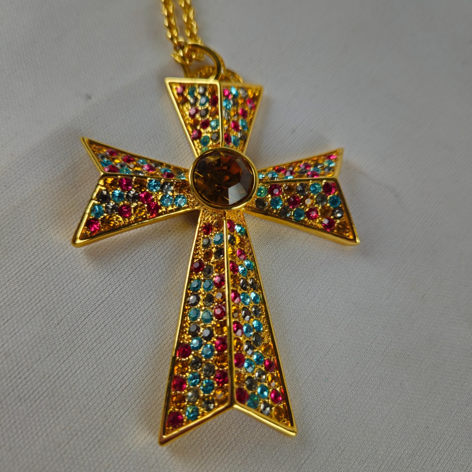 Gold Tone Cross Pendant Necklace Amber Gemstone Religious Christian 50g 18″ Vtg
