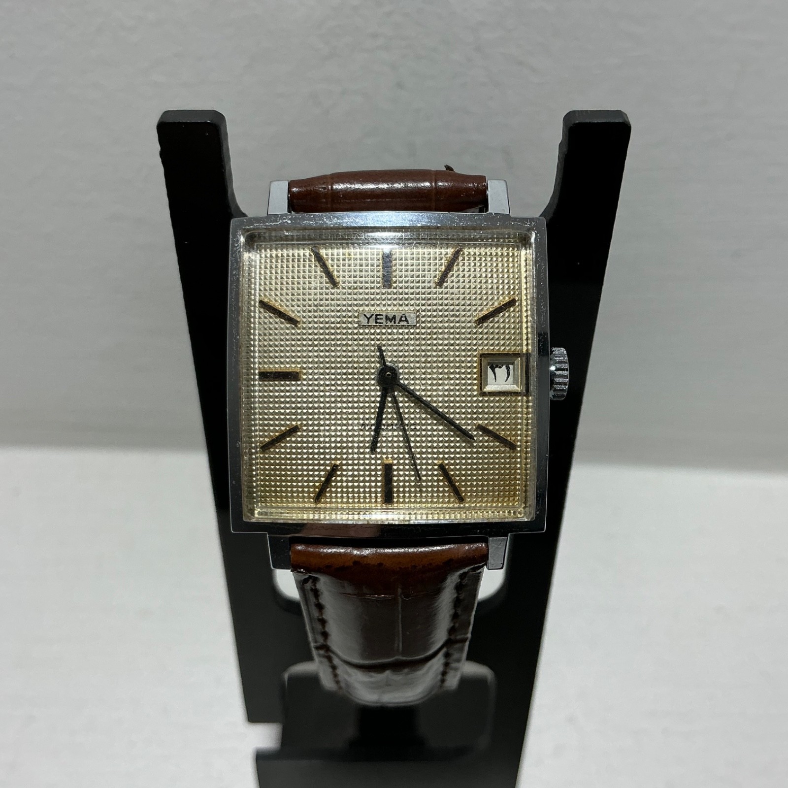 Vintage Yema Automatic Arabic Date Textured Dial Square 29mm Swiss