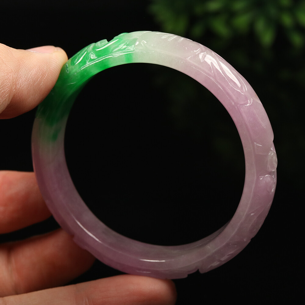 55mm Lavender Purple Green Jadeite Jade Bracelet Bangle Bat Coin 福在眼前 A-11671