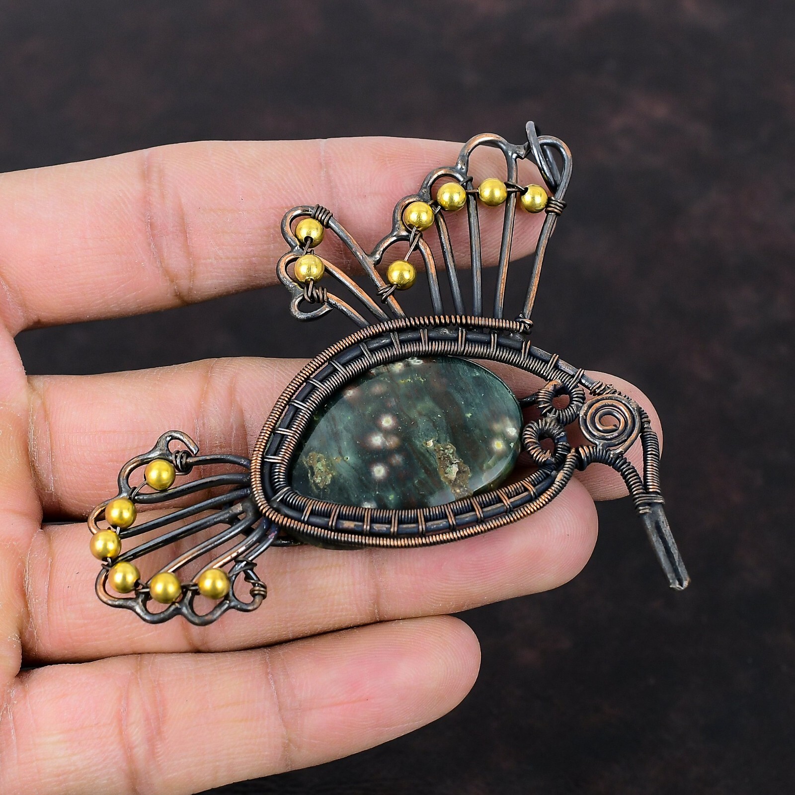Ocean Jasper Copper Gift For Briedsmaid Wire Wrapped Bird Pendant 3.74″