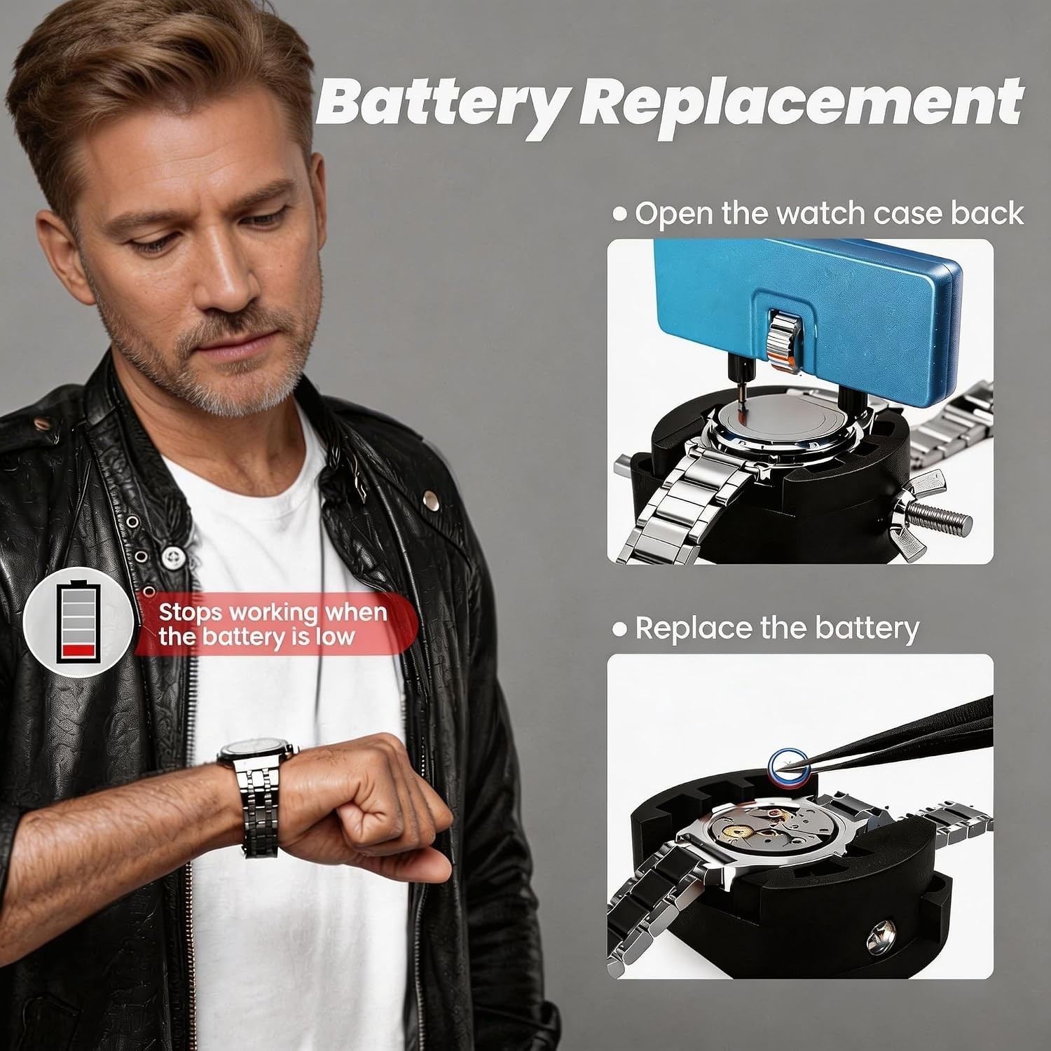 Universal Watch Repair Kit: Case Holder, Spring Bar Tool & Tweezers for Home Use