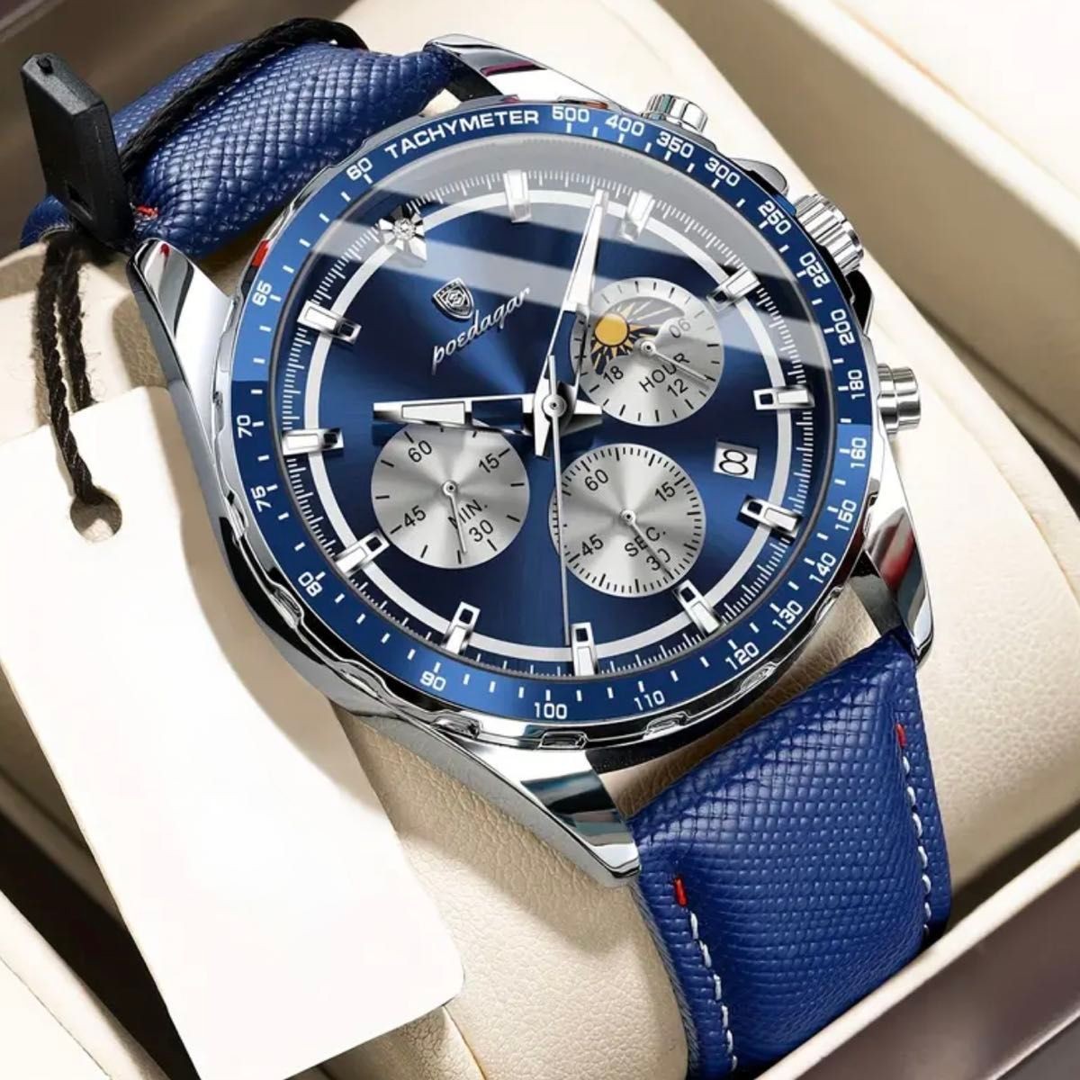 POEDAGAR Men’s Chronograph Watch Blue Dial Leather Strap Tachymeter Date
