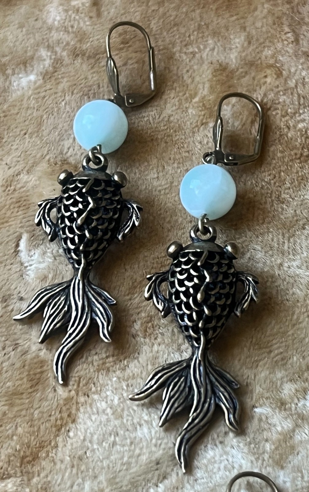 Koi Fish Earrings Long Filigree 3d Fish Green Moonstone Beads