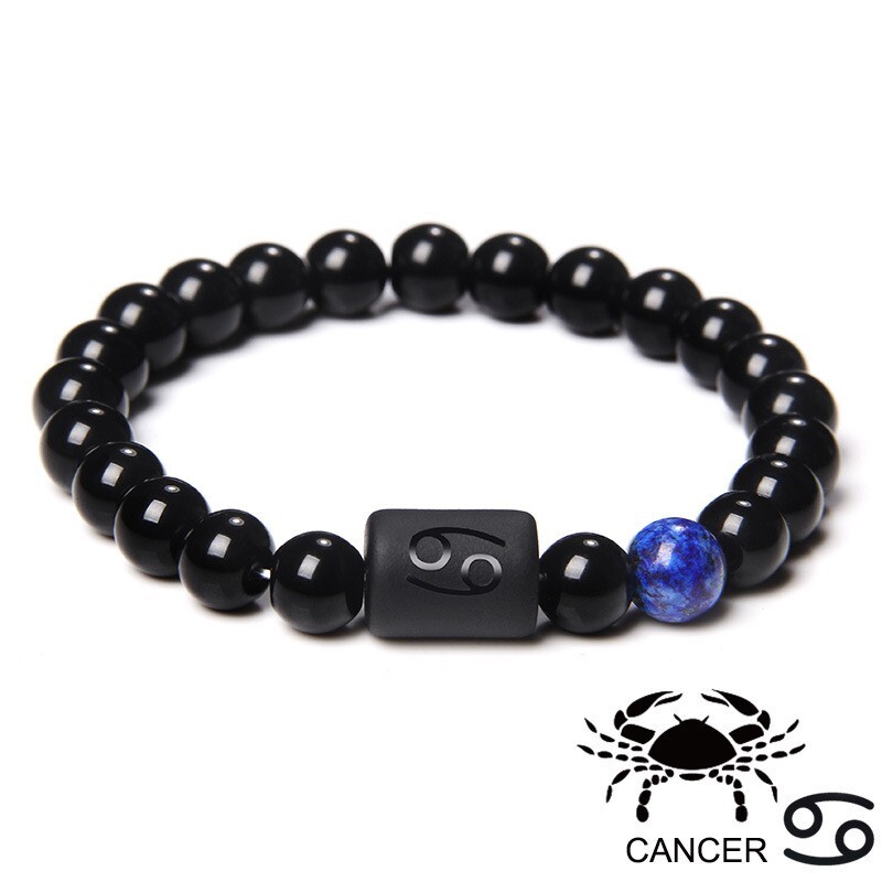 Zodiac Sign Natural Black Stone Beaded Elastic Stylish Bracelet Astrological