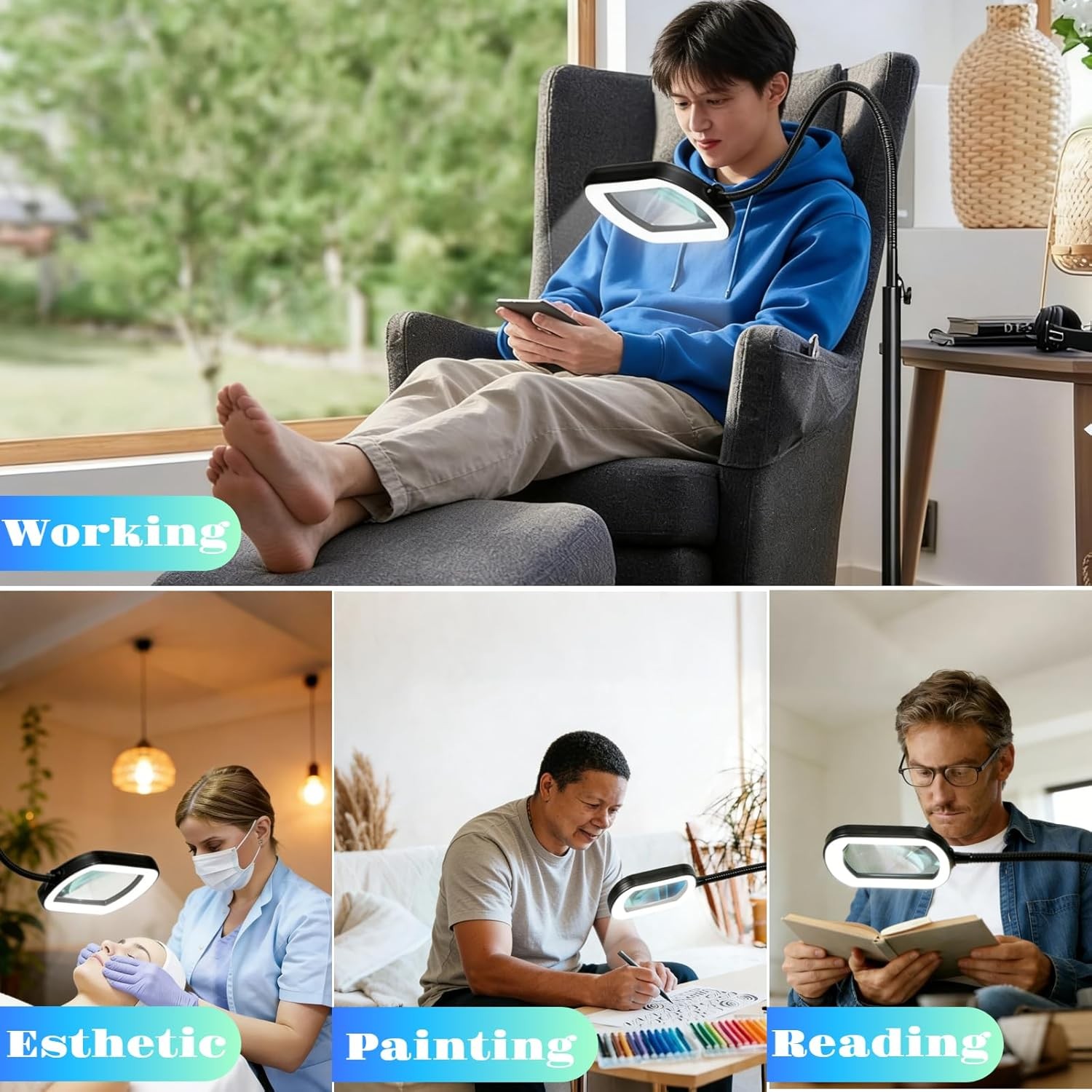 30X 10X Extra Large Floor Magnifying Glass with Light and Stand, 56in Adjustable