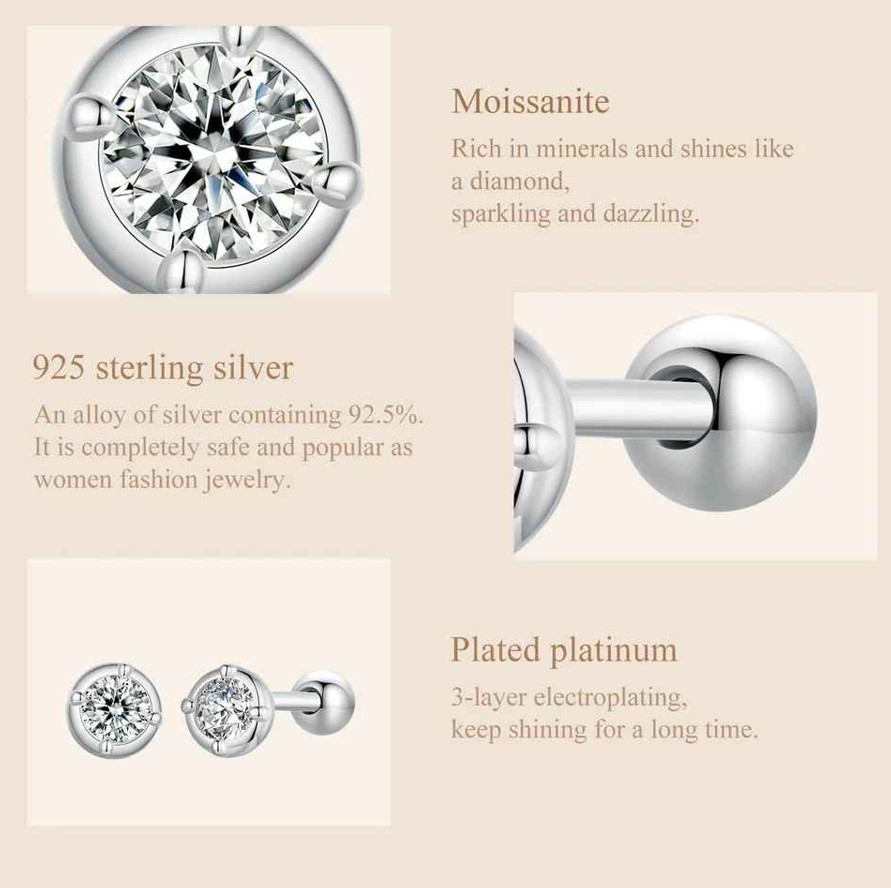 925 Sterling Silver Classical Round 0.1 CT moissanite Stud Earrings For Women