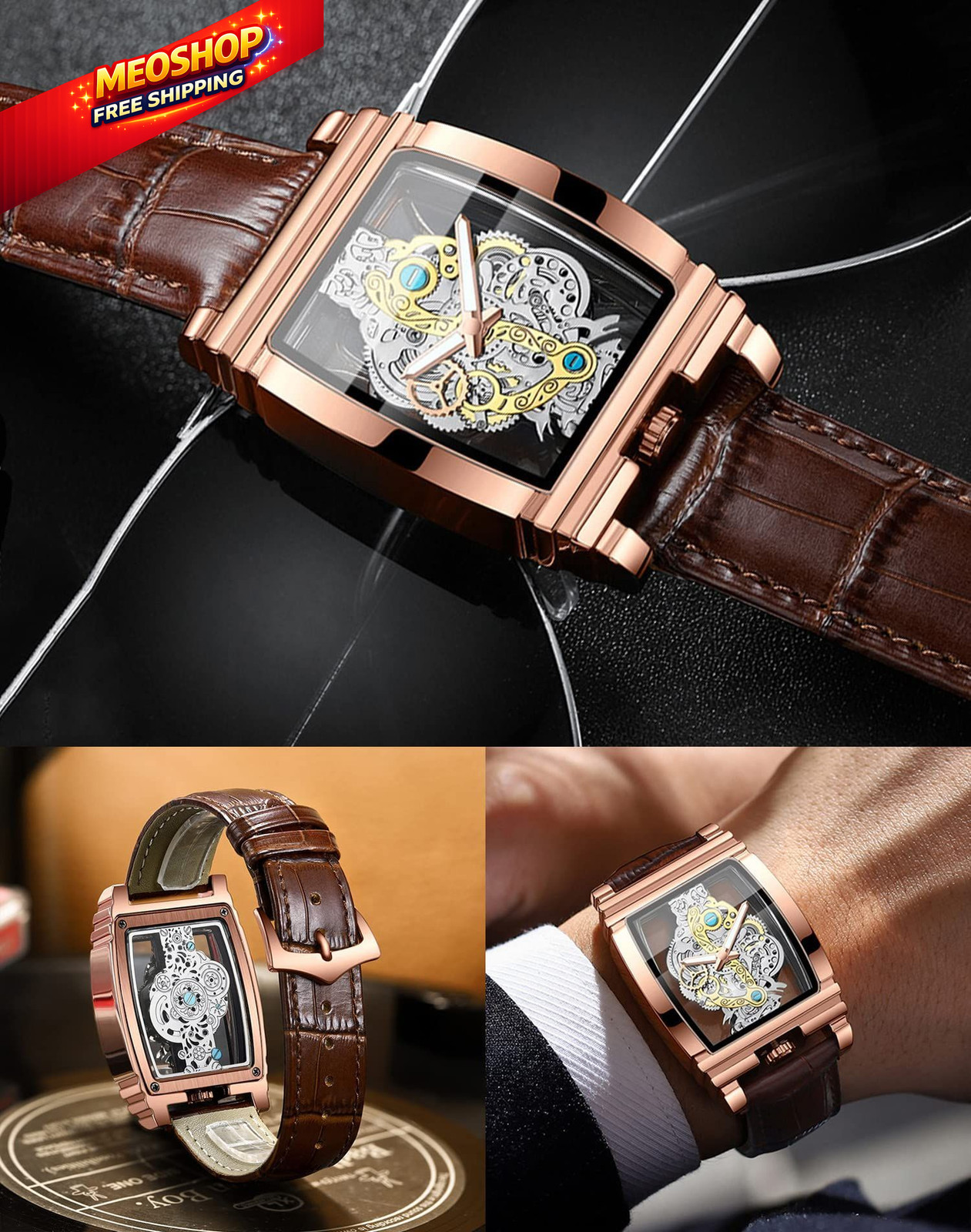 Men’s Luxury Hollow Skeleton Watch Retro Gorgeous Gear brown rose gold