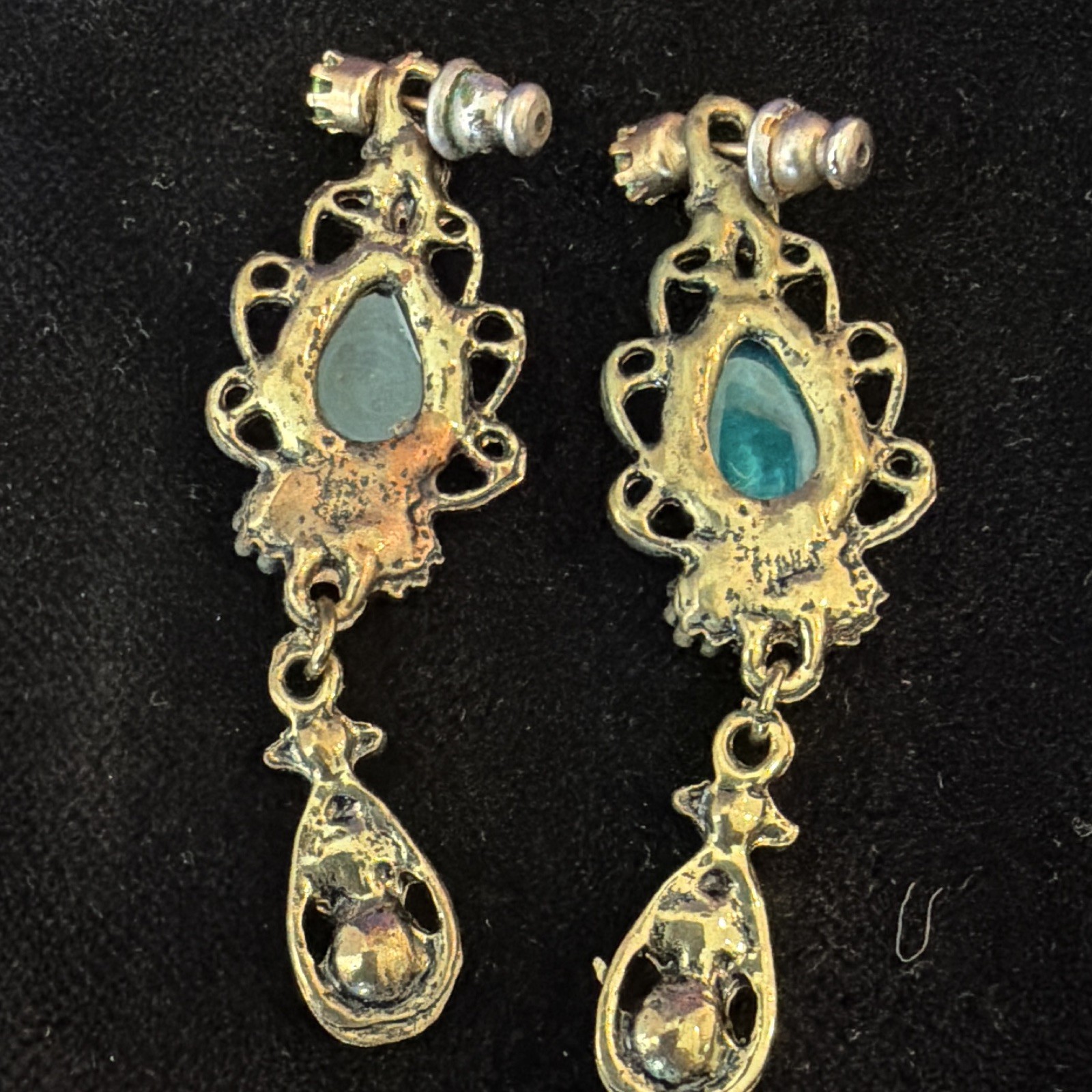 Gold Tone Brass, Blue Crystal Teardrop Dangle Screw Back Earrings