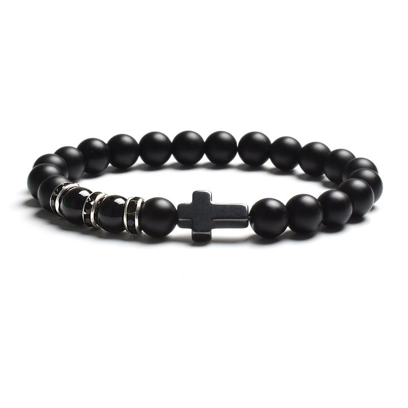 Tiger Eye & Black Agate Beaded Bracelet Men Women Elastic Cross Faith Jewelry