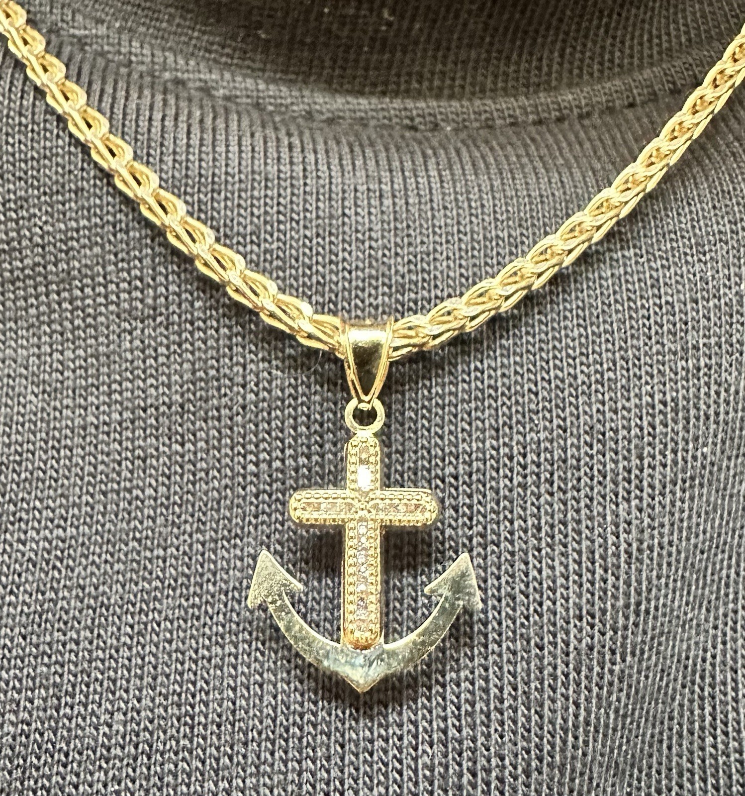 10K Gold CZ Anchor Cross Pendant (3.5mm bail) .41g .55” x .9”