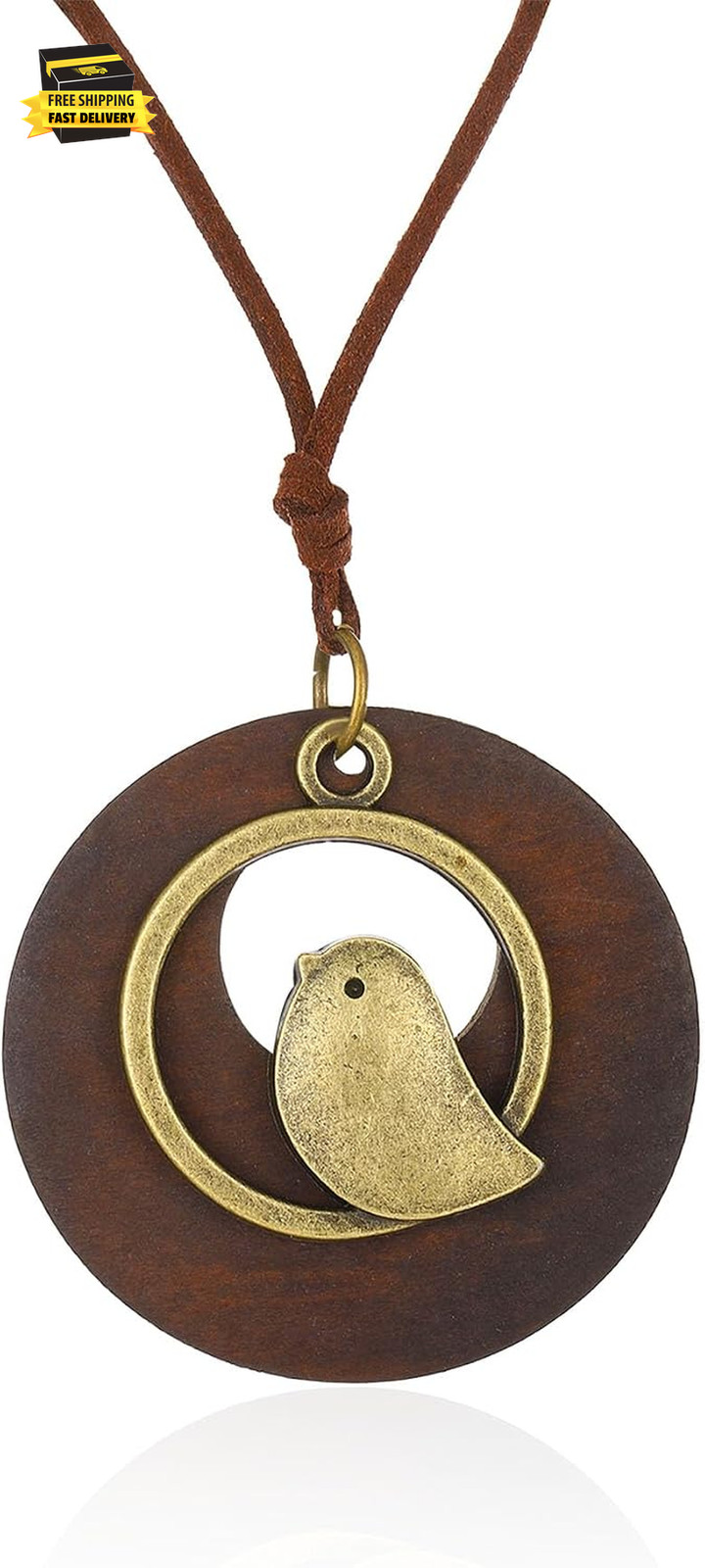 Circular Hollow Wood Necklace Hanging Rope Design Boho Chic Bird Pendant Necklac