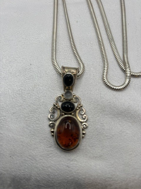 BA Suarti 925 Silver Gemstone Pendant Bali Statement 36″ Fine Silver Chain 284g