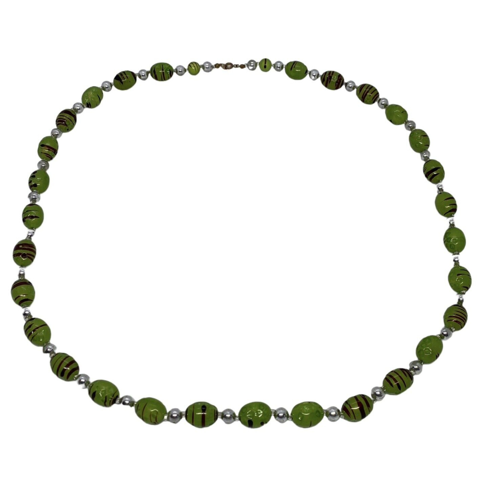 Fashion 33″ Strand String Necklace Green Black Silver Plastic Beads Swirl Design