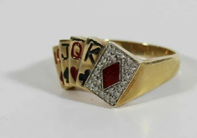 1Ct Round Natural Moissanite Men’s Poker Card Ring 14K Yellow Gold Plated Silver