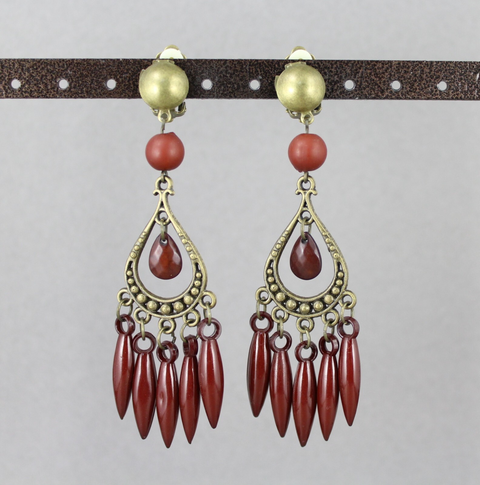 Brown beaded Clip On chandelier earrings pendant clips 3.75″ long lightweight