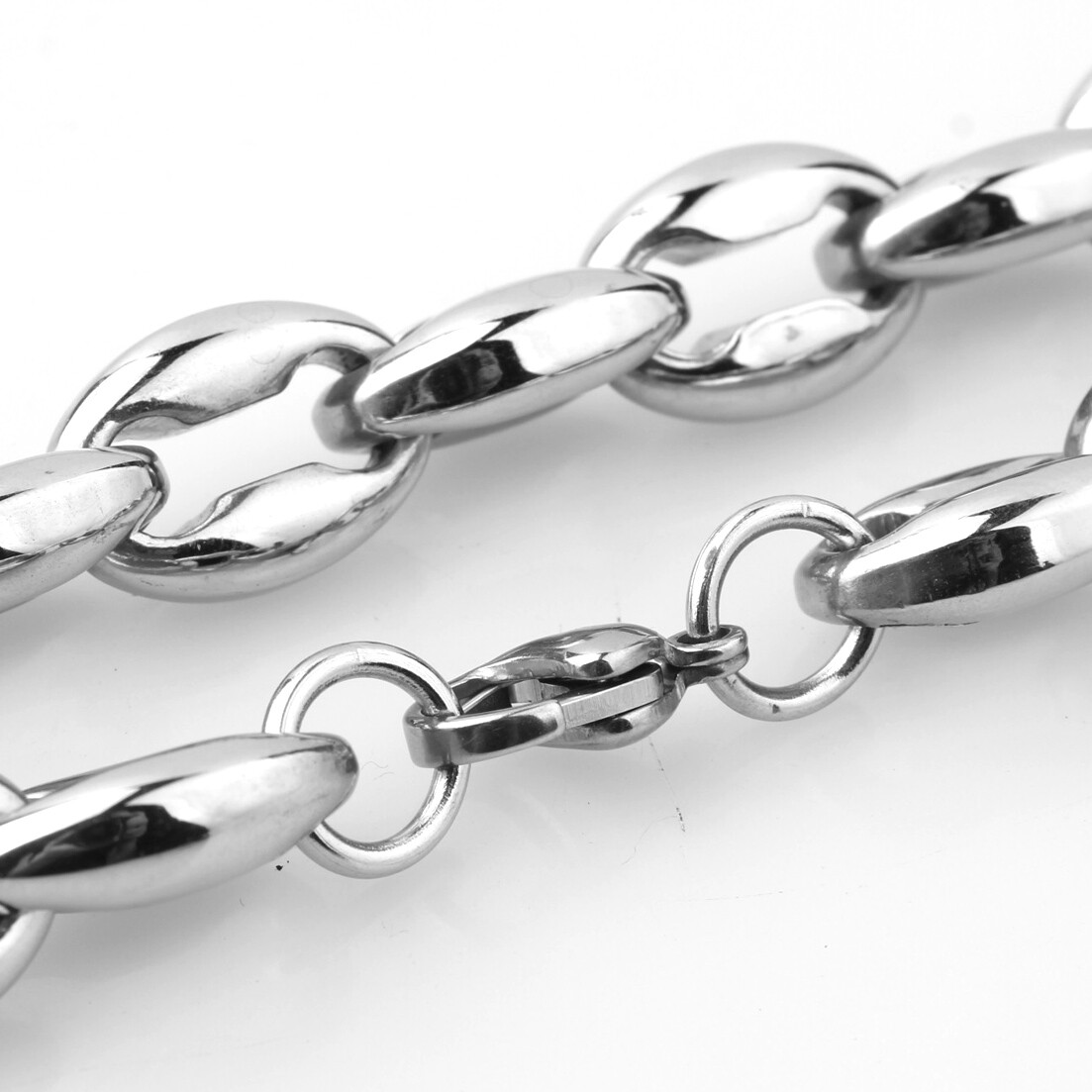 6.5/7.5/12mm Polished Silver Stainless Steel Hollow Coffee Bean Chain Necklace