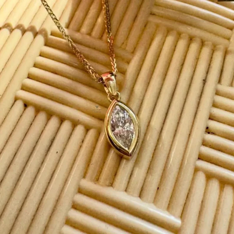 1.50Ct Marquise-Cut Lab Grown Diamond Bezel Necklaces & Pendants 14K Yellow Gold