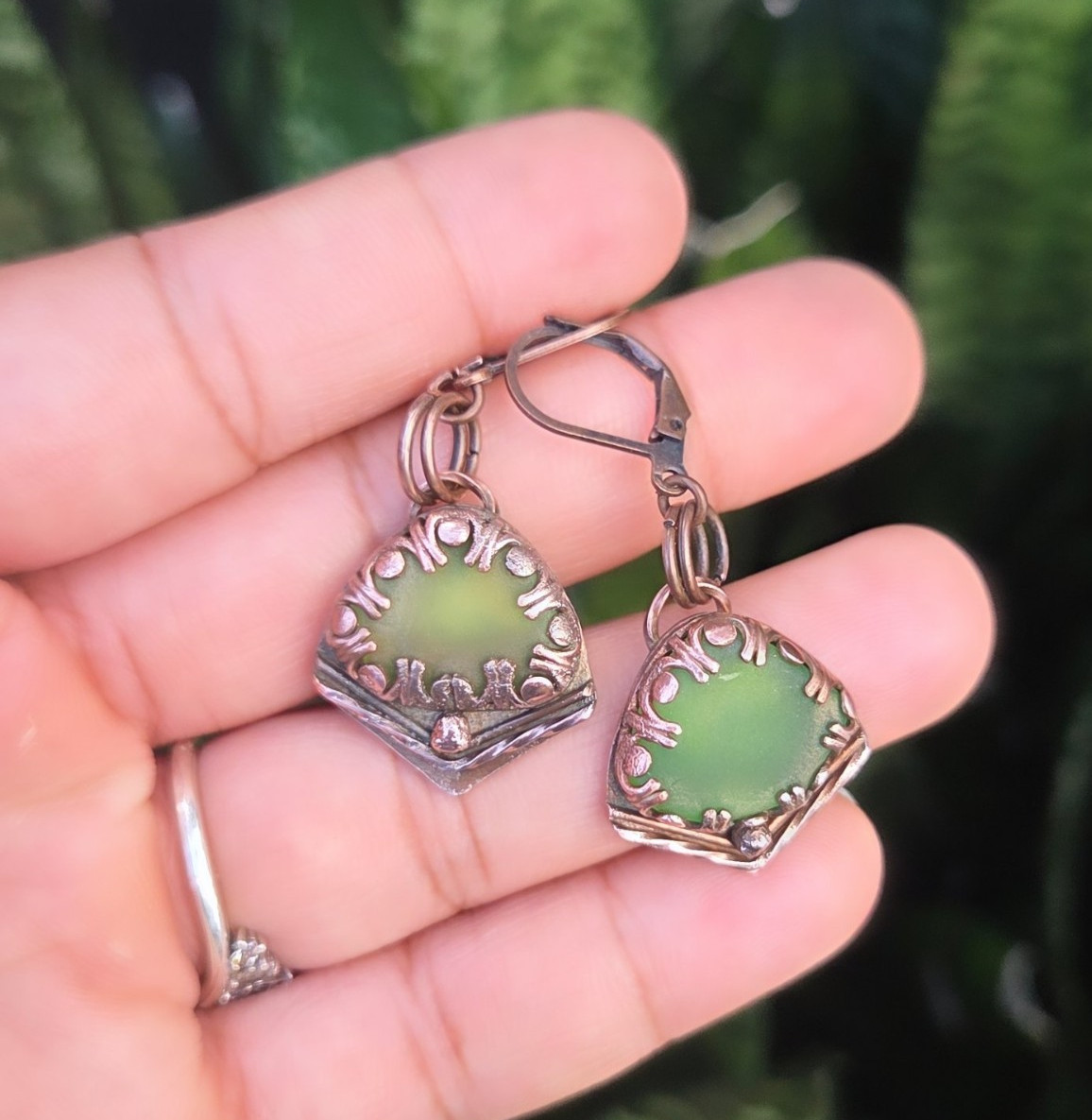 Handmade Green Seaglass Dangle Drop Earrings