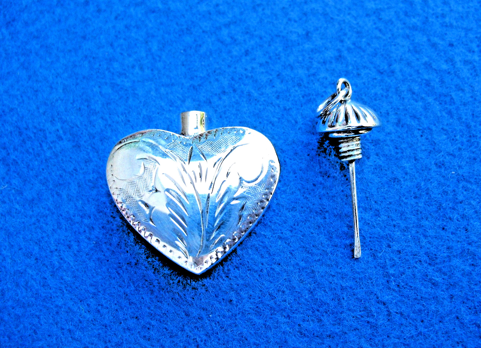 Vintage Sterling Silver Perfume /Scent Bottle Heart Pendant 1.5″ Drop