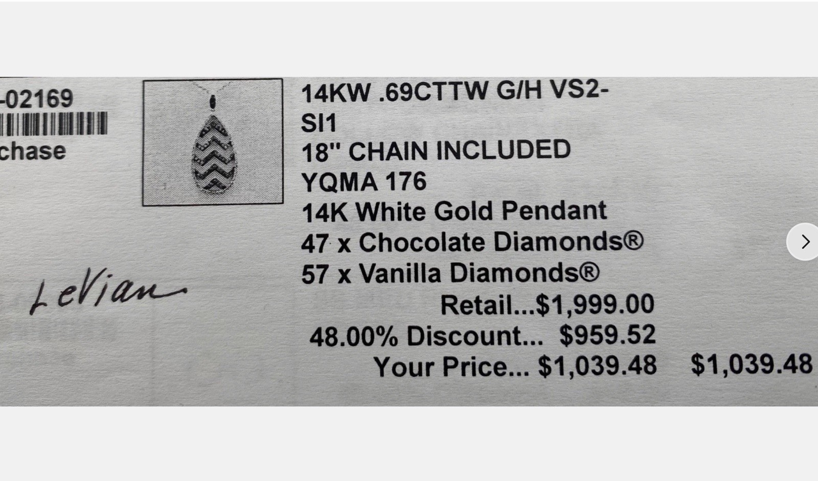 Le Vian 14k White Gold Teardrop Chevron Diamond Pendant 0.69 CTW 18″