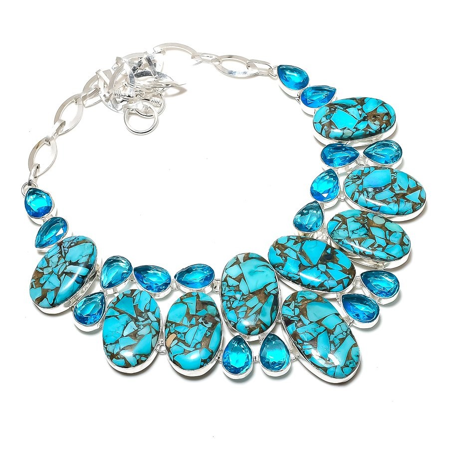 Copper Blue Turquoise Swiss Blue Topaz Gemstone Necklace Jewelry 18″ BN 7630