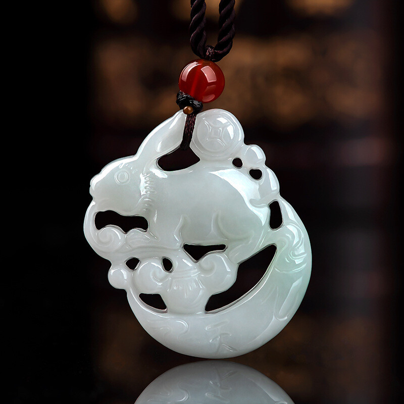Natural Jadeite A Grade Jade Pendant White Jadeite Lucky Zodiac Moon Rabbit