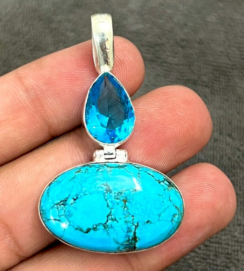 Turquoise Pendant Gemstone 925 Sterling Silver Handmade Jewelry Pendant 2.10″