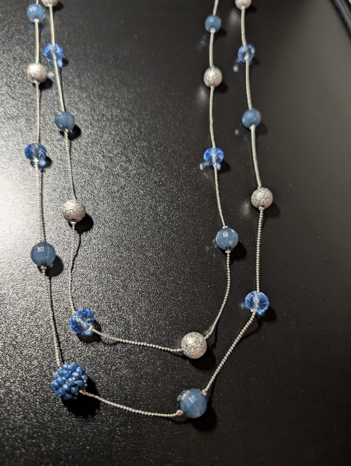 Silver Tone Double Strand Blue Crystal Beaded Necklace Stardust Ball Cluster…