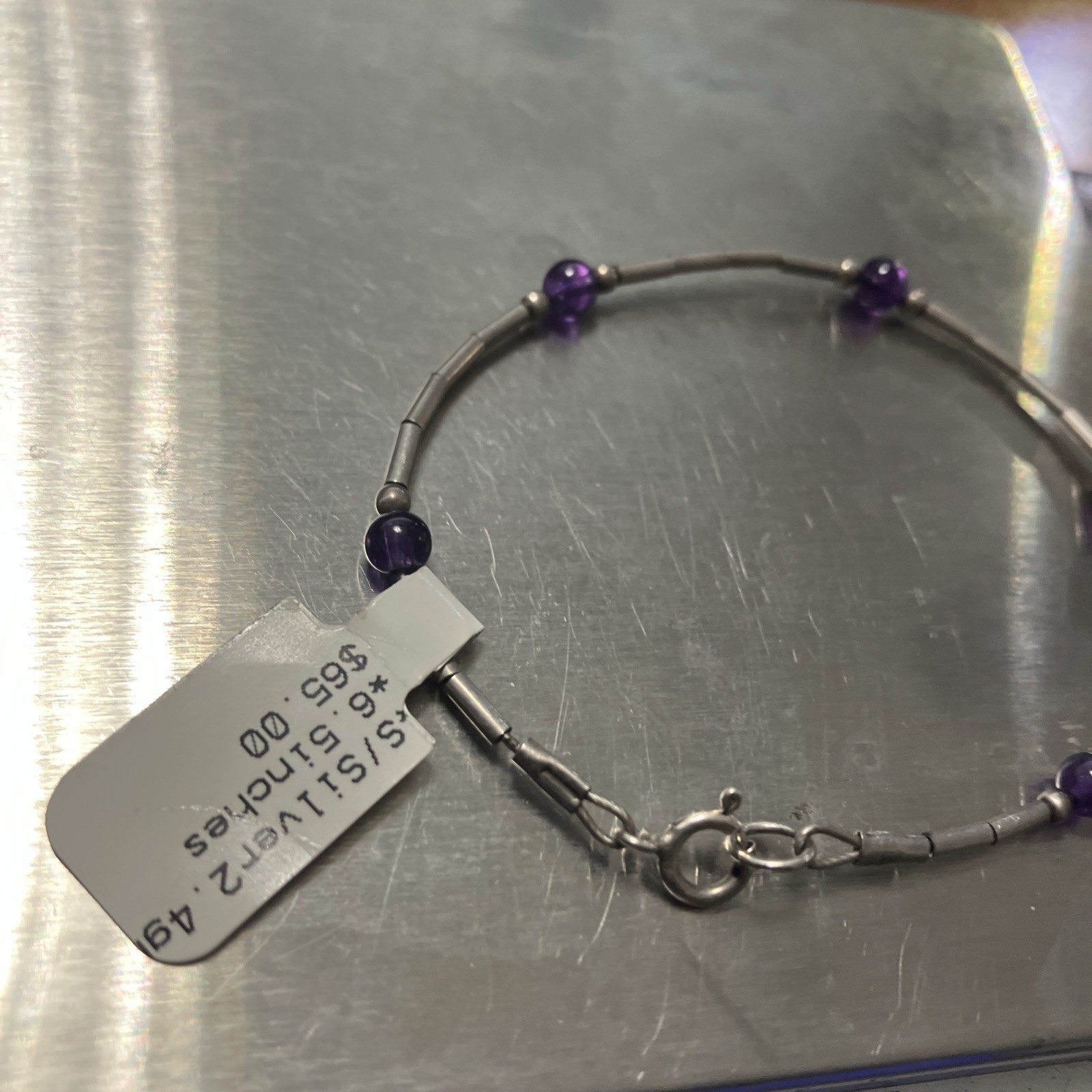 925 Sterling Silver Bracelet 2.4 Grams With Purple Beads 6.5 Inches Pre Owned