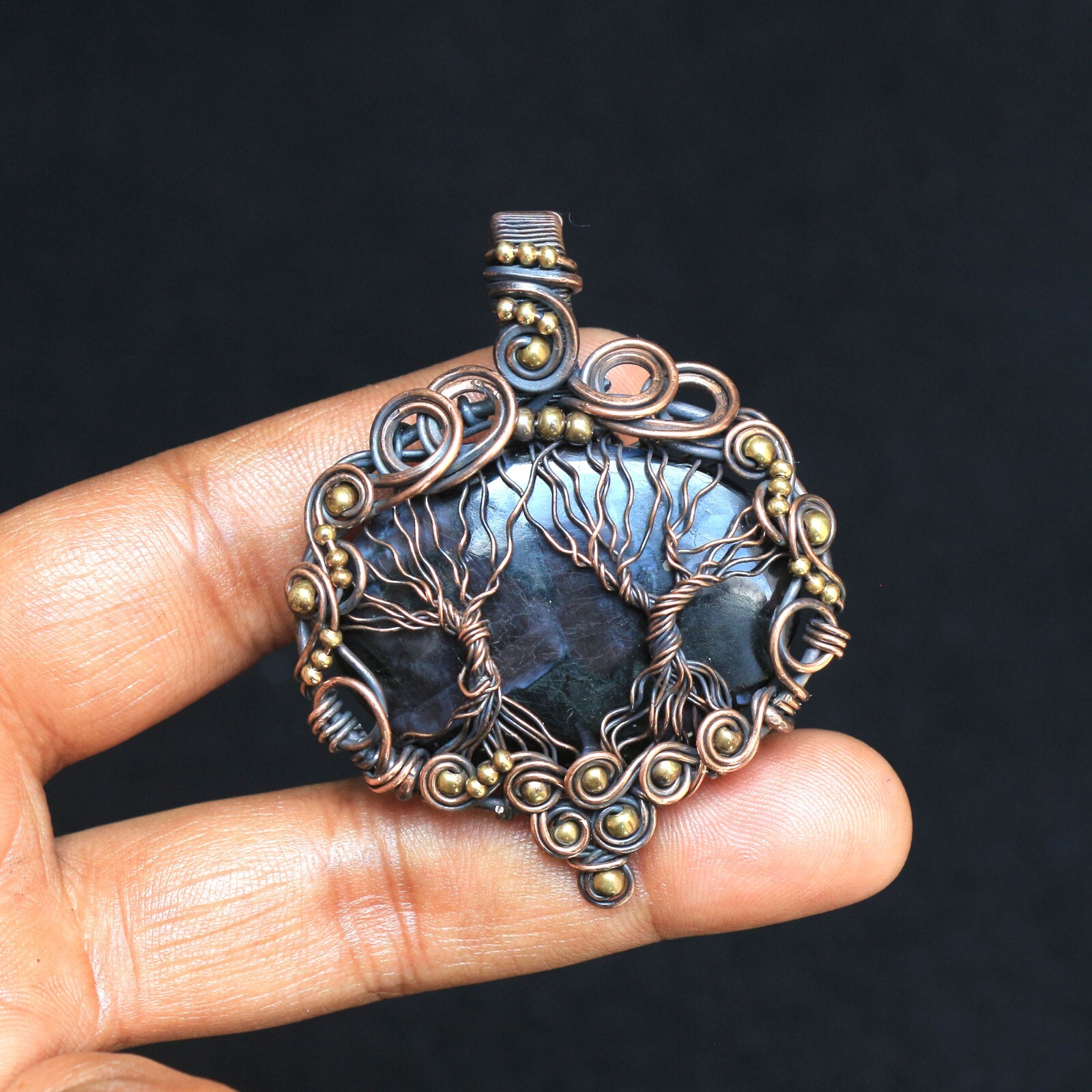 Copper Tree Pendant Indigo Gabbro Jasper Wire Wrap Gemstone Jewelry Gift N404
