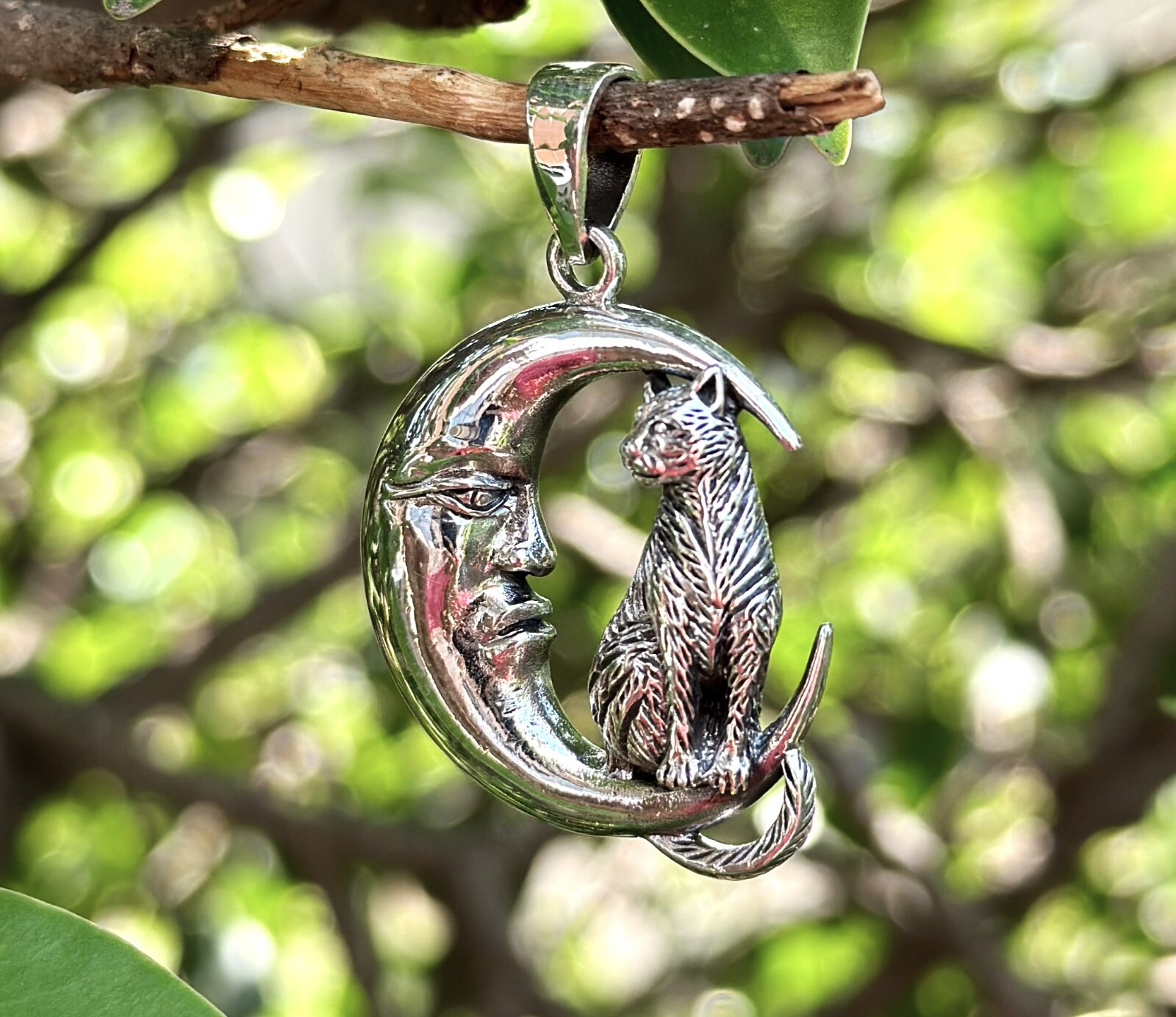 Cat & Crescent Moon Pendant STERLING SILVER 925 Magic Cat Magical Creature Witch