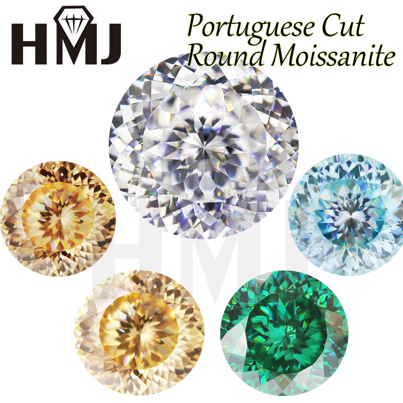 Portuguese Cut Round Moissanite Green Blue Color VVS1 GRA Handmade Loose Gems