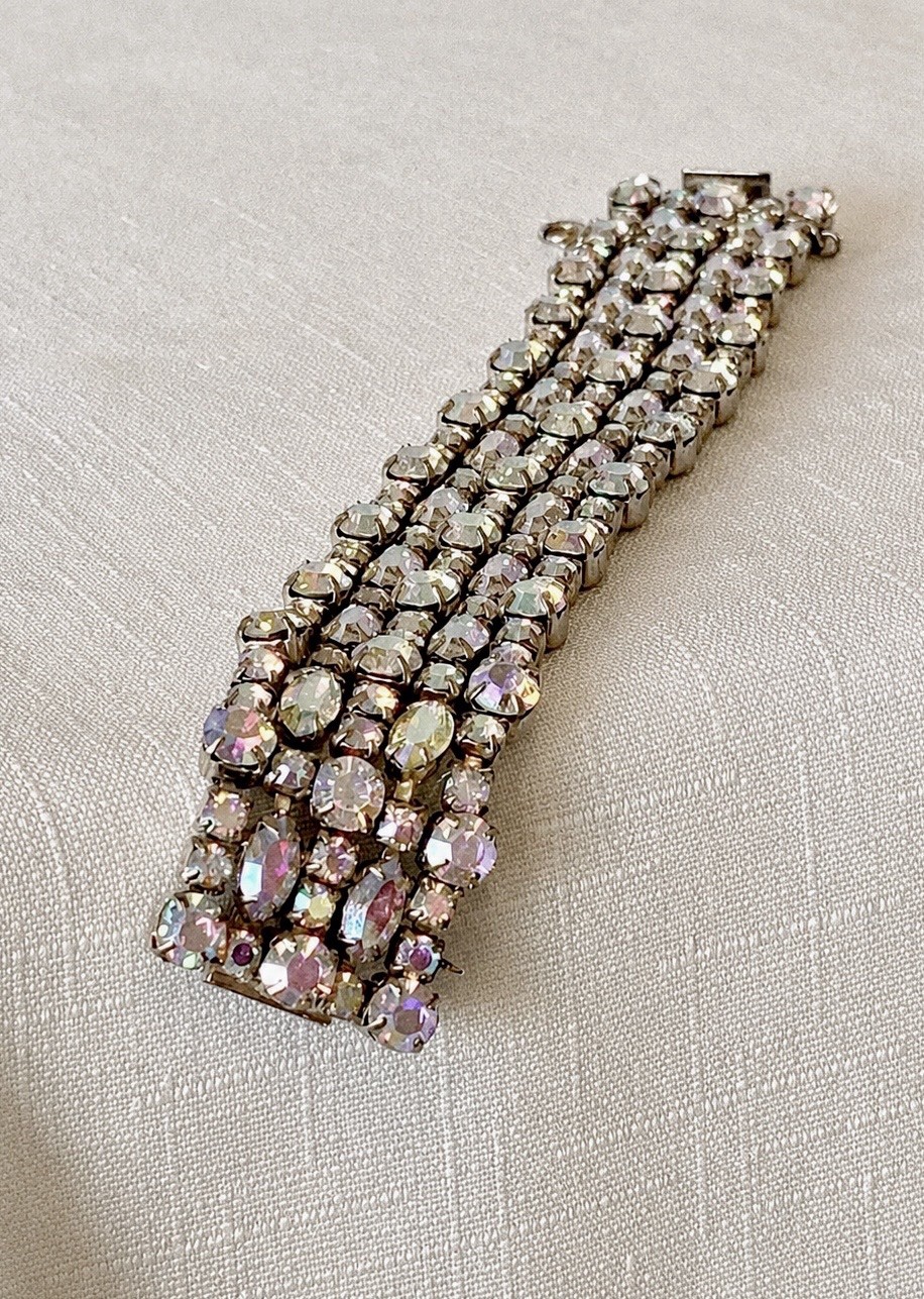 Vintage Signed Sherman 7-Row Aurora Borealis Rhinestone Bracelet 7” x 1.5”