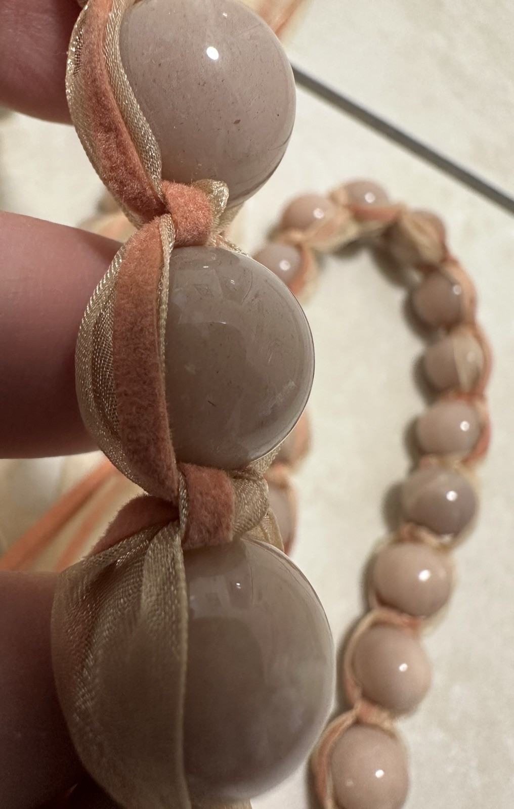 Simon Alcantara Wrapped Pink Quartz Bead Strand Statement Necklace Ribbon Suede