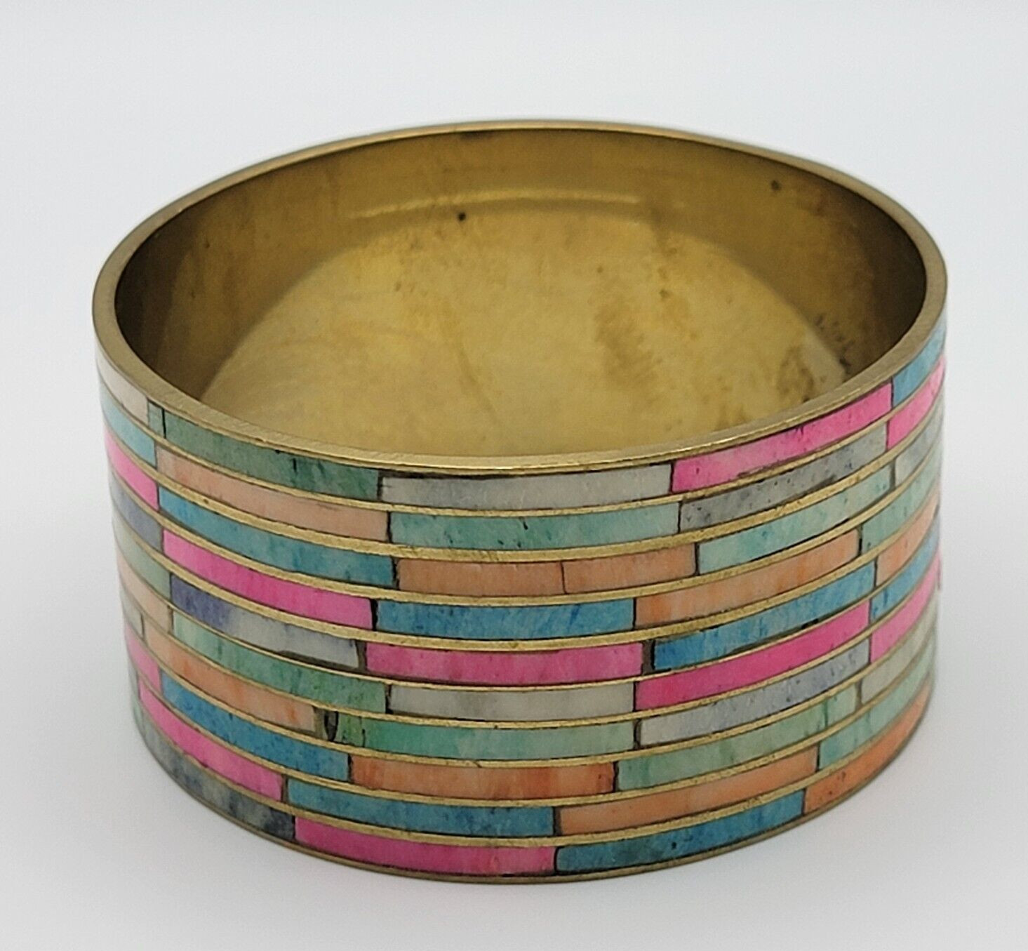 Vintage Style Wide Brass Mosaic Inlay Cuff Bracelet Made In India 8.25 in