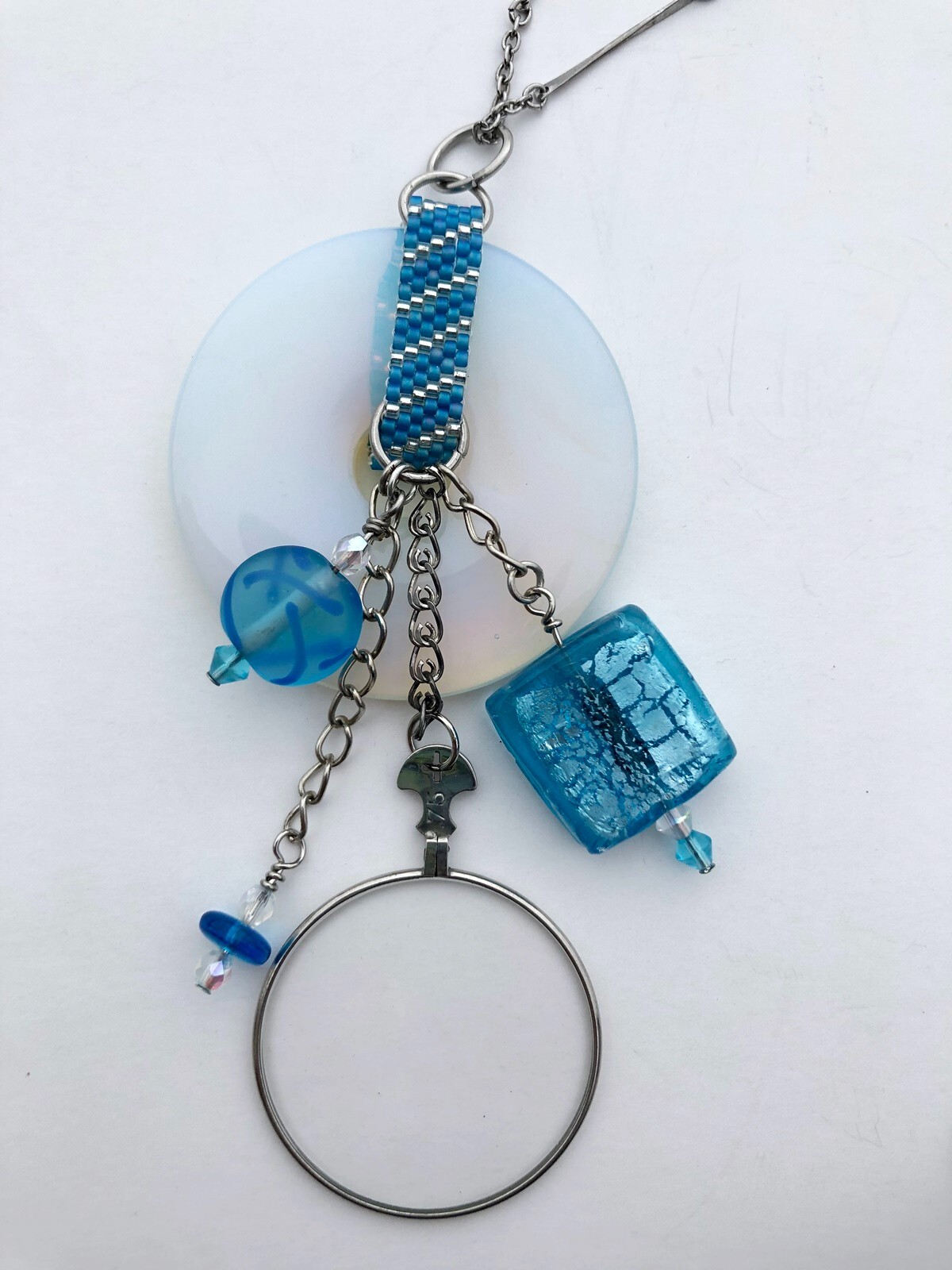 Necklace Pendant and Earrings Beads Optometrist Glass Teal Blue White Mix 22″
