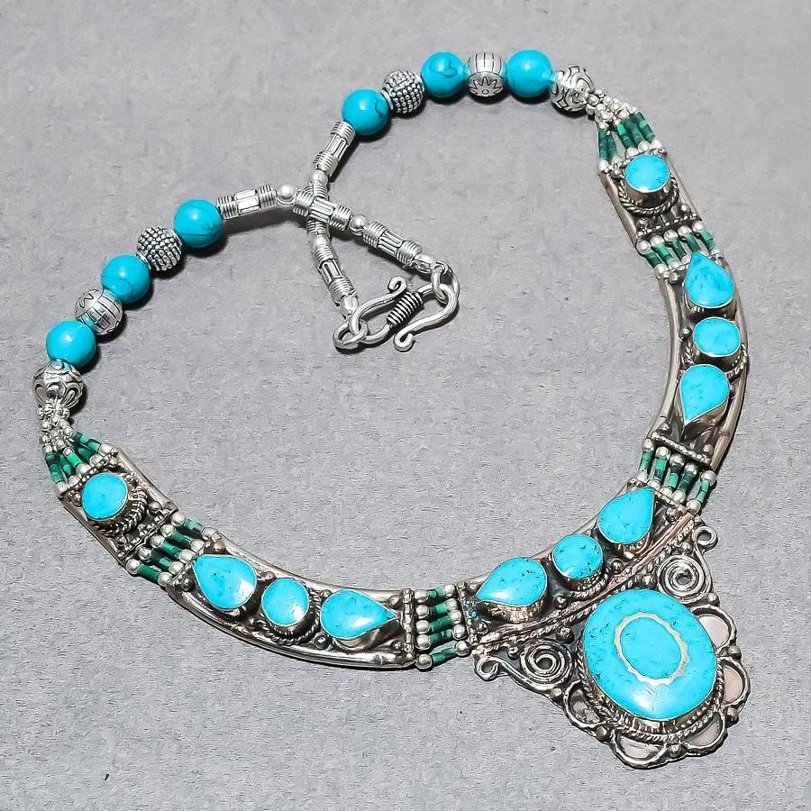 Turquoise Gemstone Necklace Tibetan Handmade Bohemian Nepali Jewelry 18″ N55