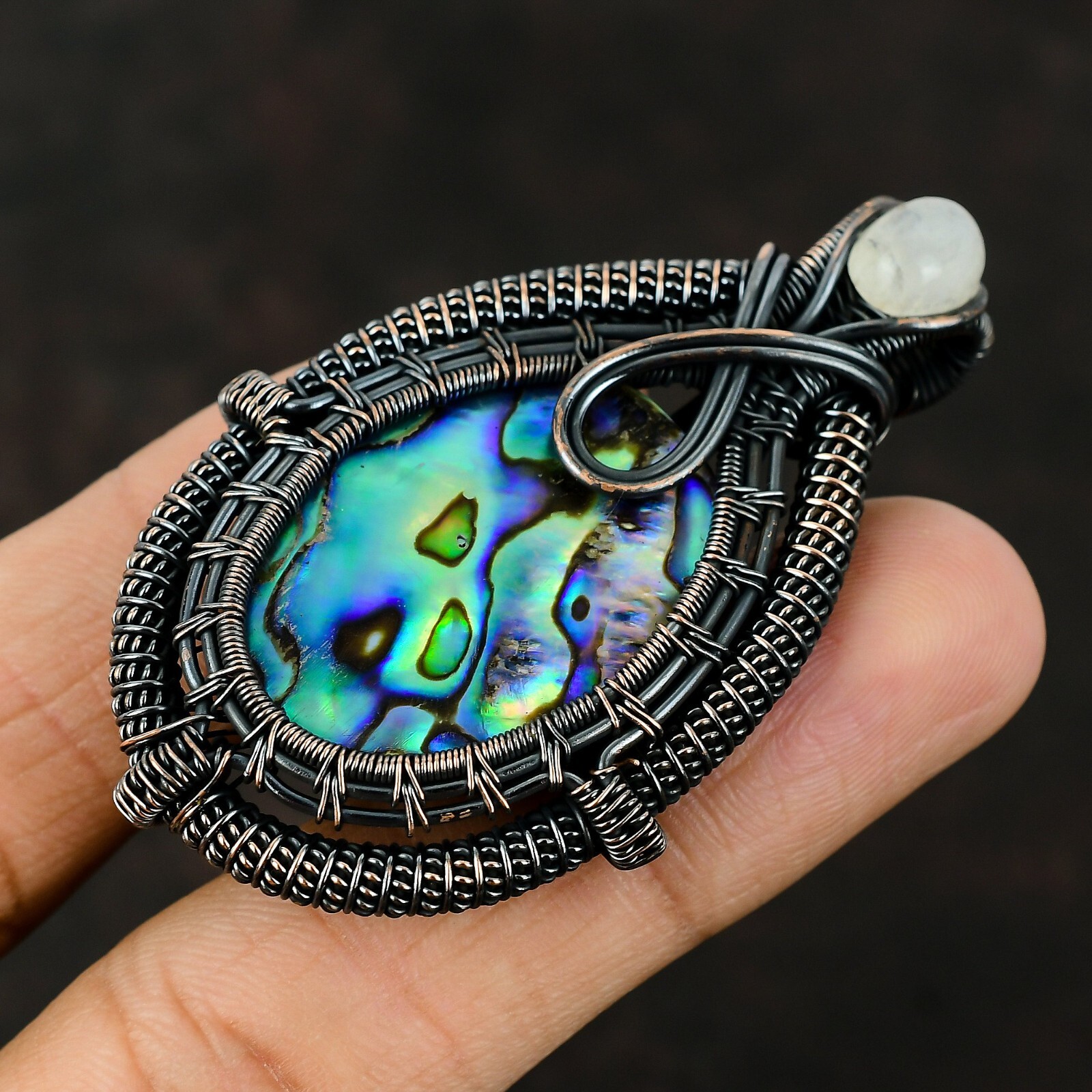 Wedding Gift For Her Copper Abalone Shell Jewelry Wire Wrapped Pendant 2.56″
